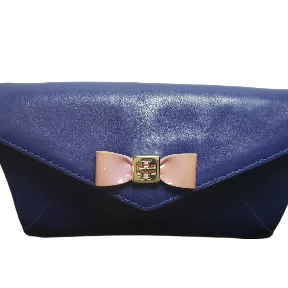 Tory Burch Blue Leather Envelope Mini Crossbody Purse Bag with Pink Bow